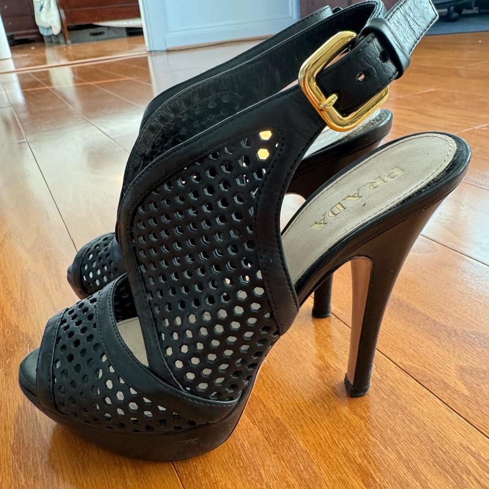 Prada Black Stiletto Heels with Gold Buckle